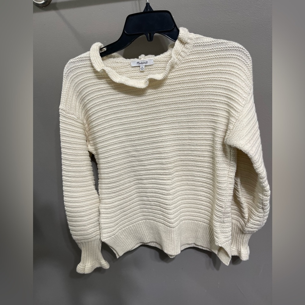 Madewell Ruffle-Neck Pullover Sweater in Cotton/Wool‎ Blend Cream Size XS